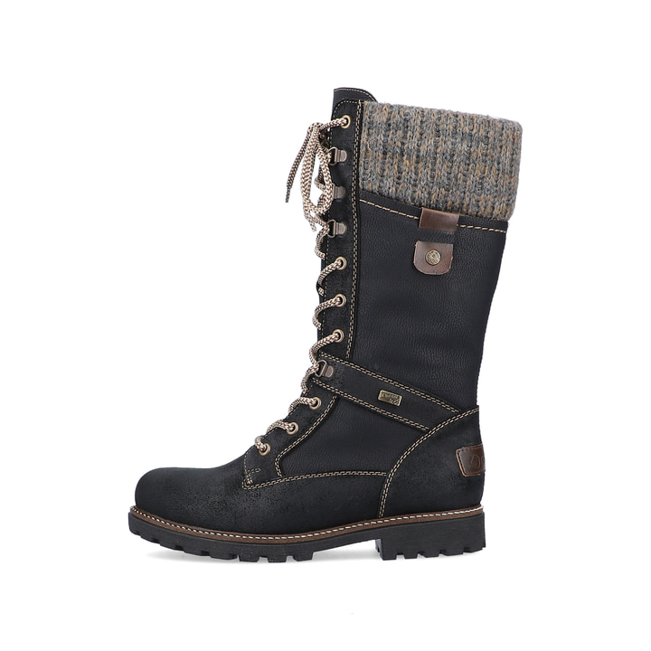
Nachtschwarze remonte Damen Schnürstiefel D7477-02 mit einer flexiblen Profilsohle. Schuh Außenseite