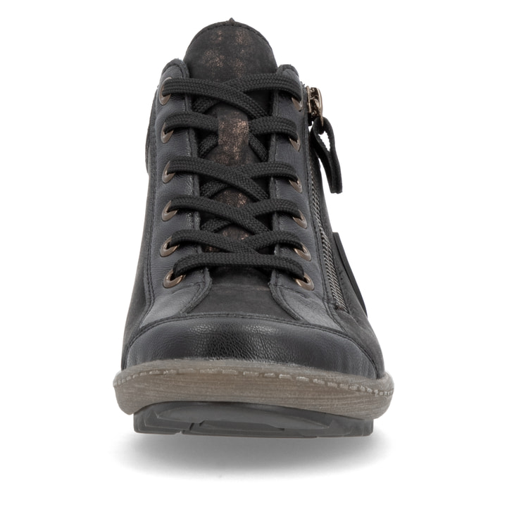 Schwarz-bronzene remonte Damen Schnürstiefel R1477-90 mit einem Reißverschluss. Schuh von vorne.