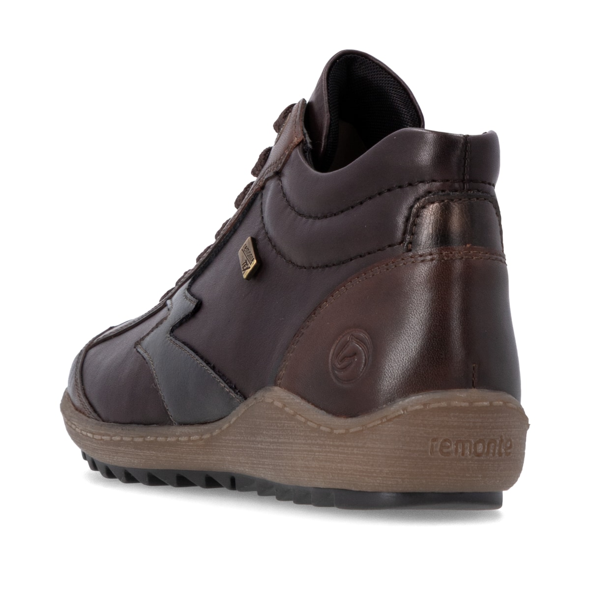 Braun-bronzene remonte Damen Schnürstiefel R1454-26. Schuh von hinten.