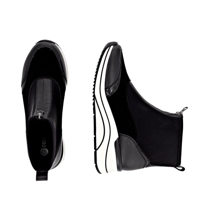 Vegane, schwarze remonte Damen Kurzstiefel D0T78-02 mit einem Reißverschluss. Schuh von oben, liegend.