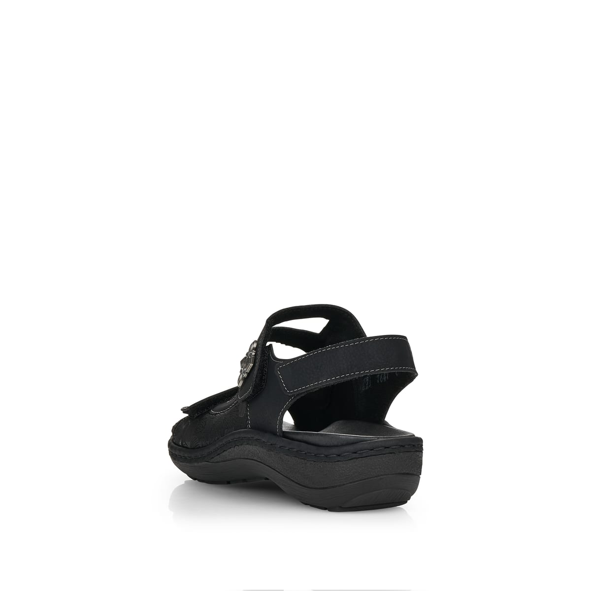 Schwarze remonte Riemchensandalen D7647-01 mit einem Klettverschluss. Schuh von hinten.
