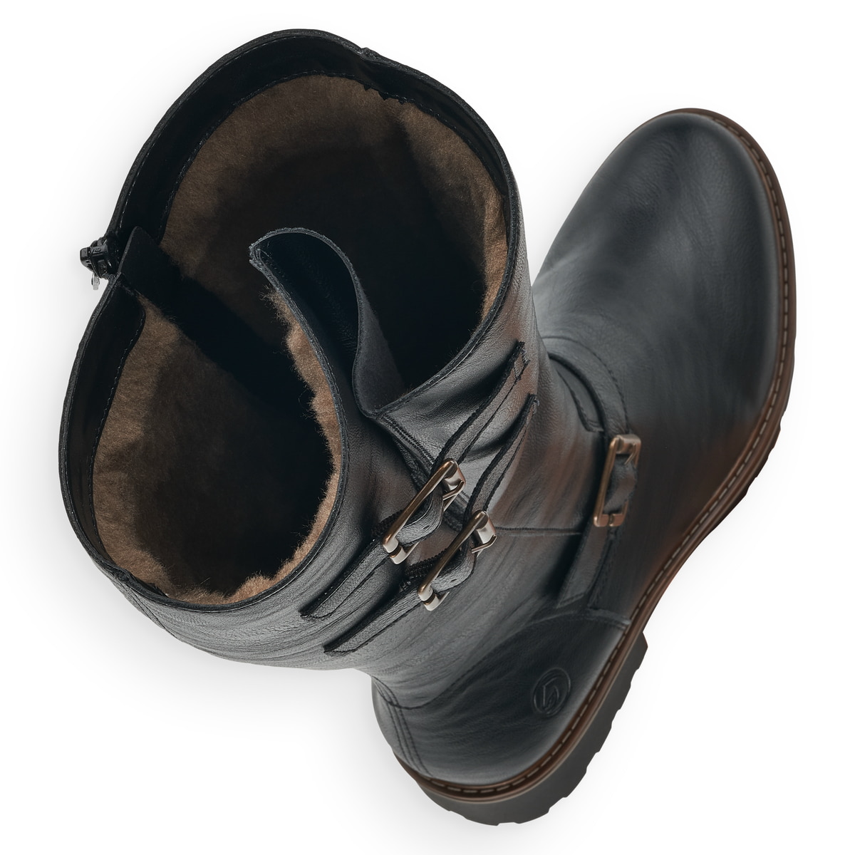Schwarze remonte Hochschaftstiefel R6590-01 mit Zierschnallen. Schuh von oben, liegend.