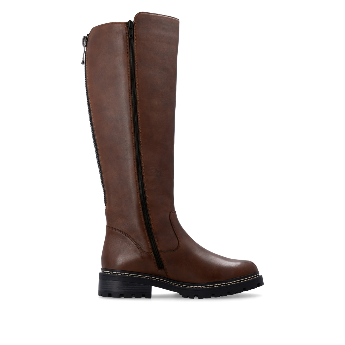 Karamellbraune remonte Damen Hochschaftstiefel D0B72-22 mit einer Profilsohle. Schuh von hinten