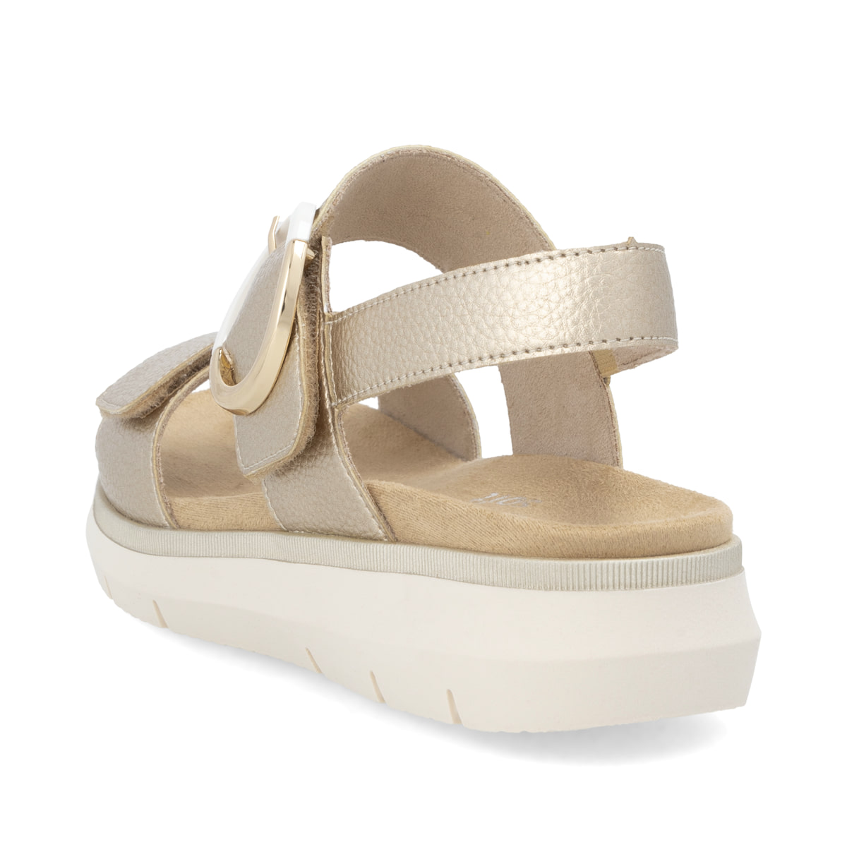 Goldene remonte Keilsandaletten D2K50-90 mit einem Klettverschluss. Schuh von hinten.