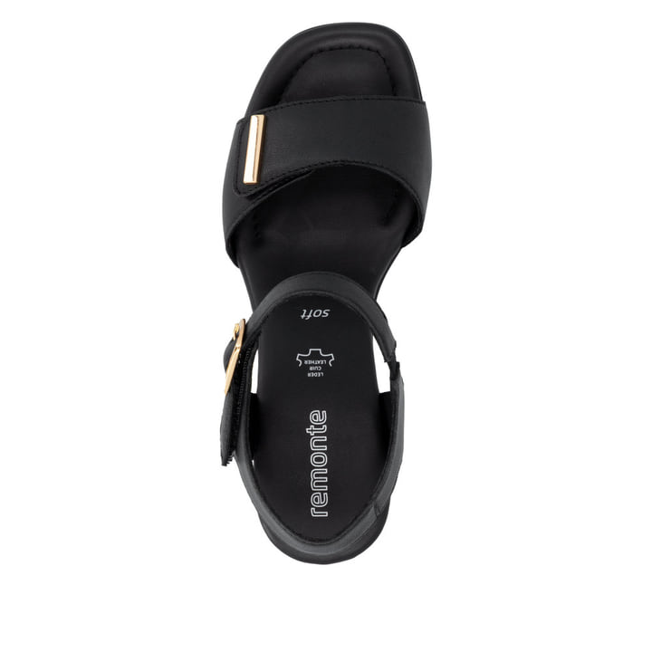 Schwarze remonte Riemchensandaletten D1K54-00 mit einem Klettverschluss. Schuh von oben.