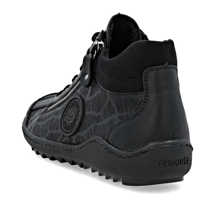 Schwarze remonte Damen Schnürstiefel R1477-00 mit einem Reißverschluss. Schuh von hinten.