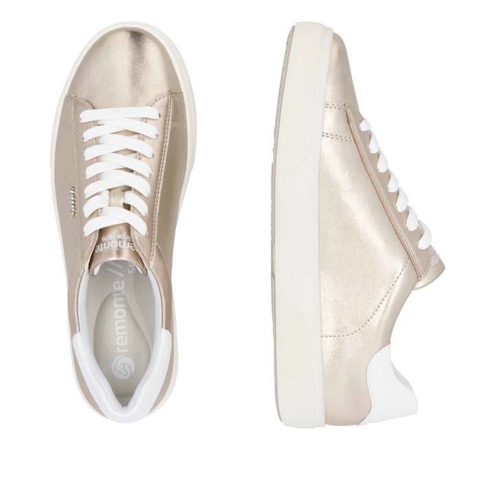 Metallische remonte Damen Sneaker Low D2J00-90 mit einer Schnürung. Schuh von oben, liegend.