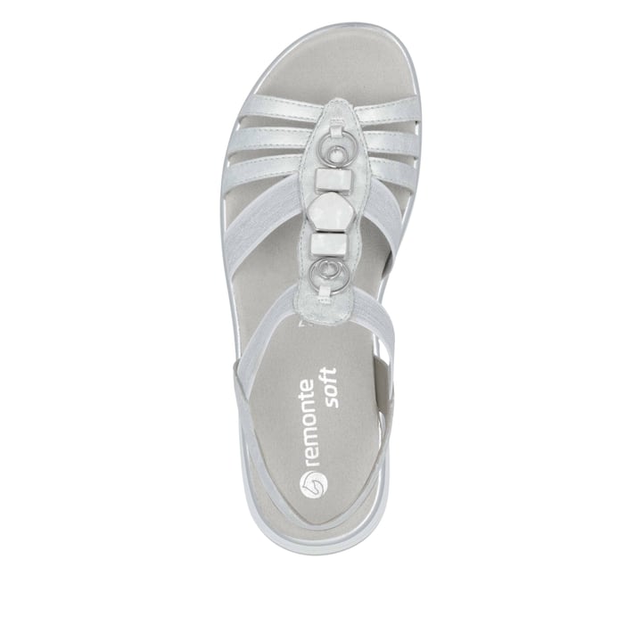 Silberne vegane remonte Riemchensandalen D1J60-90 mit einem Gummizug. Schuh von oben.