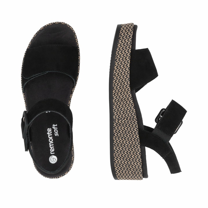 Schwarze remonte Keilsandaletten D1N54-01 mit einem Klettverschluss. Schuh von oben, liegend.