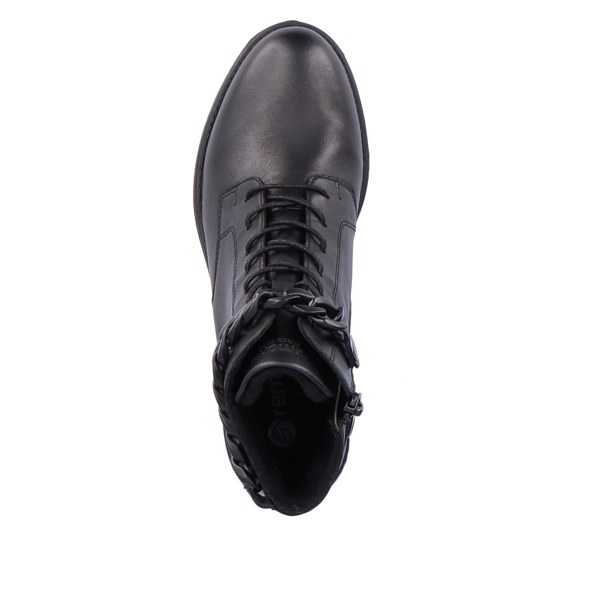 Glanzschwarze remonte Damen Biker Boots D0F74-01 mit Schnürung und Reißverschluss. Schuh von oben