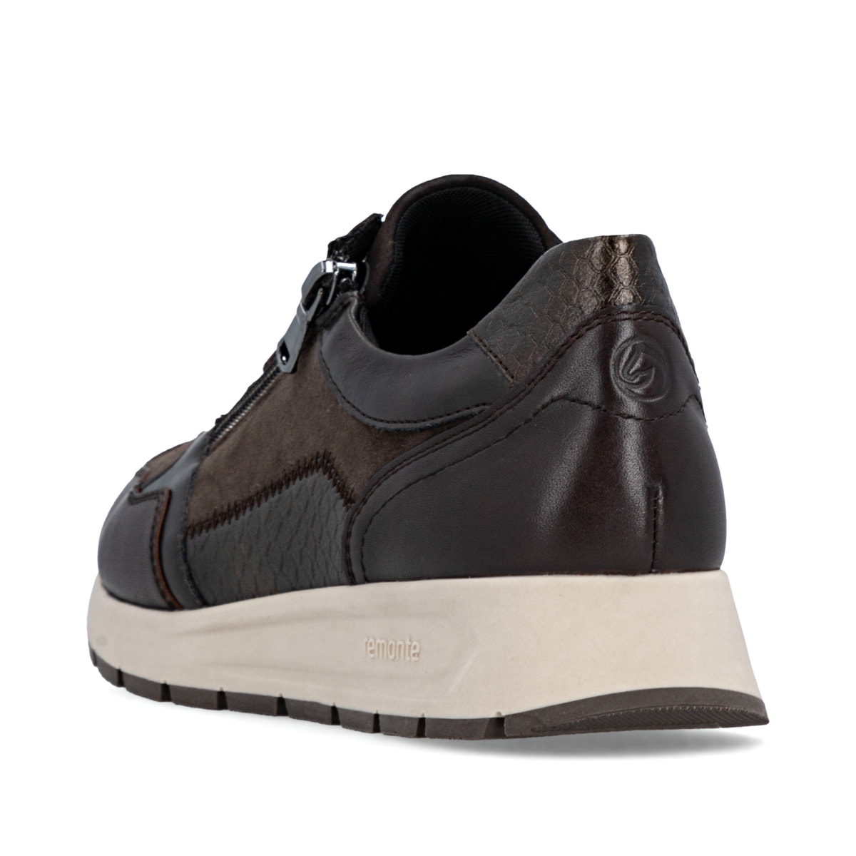 Braune remonte Damen Sneaker D2G05-25 mit Reißverschluss sowie Komfortweite G. Schuh von hinten.