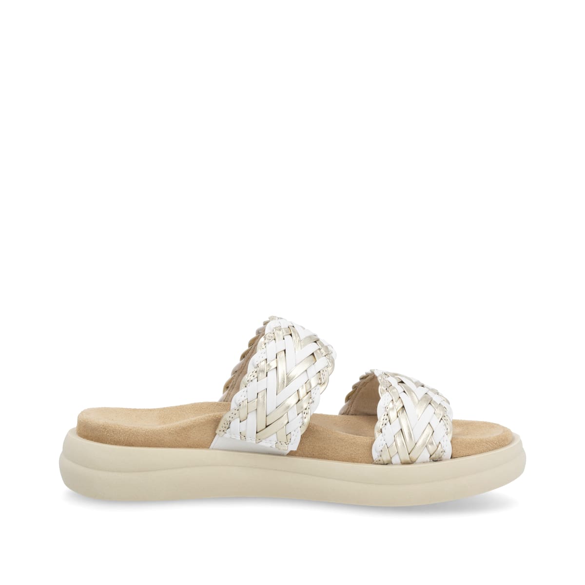 Weiße vegane remonte Damen Pantoletten D2N52-80 mit einem Gummizug. Schuh Innenseite.