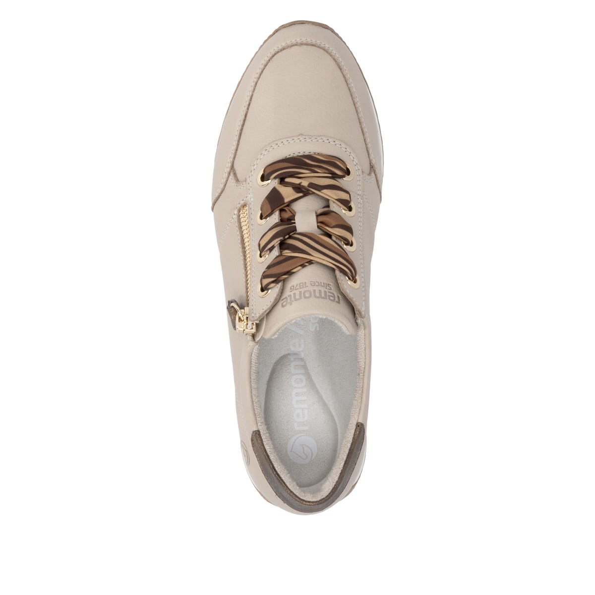 Baskets basses remonte beiges pour femmes D0H11-62 avec fermeture éclair. Chaussure vue de dessus.