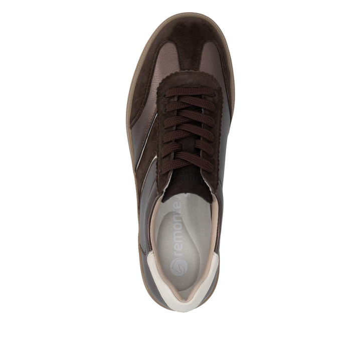 Dunkelbraun-bronzene remonte Damen Sneaker D2C05-90 mit einer Schnürung. Schuh von oben.