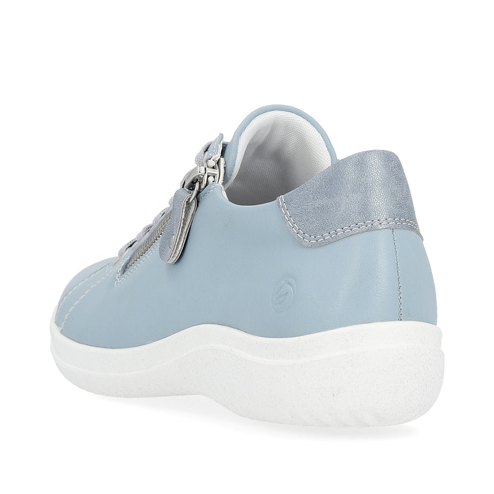 Babyblaue remonte Damen Schnürschuhe D1E03-10 mit einem Reißverschluss. Schuh von hinten.