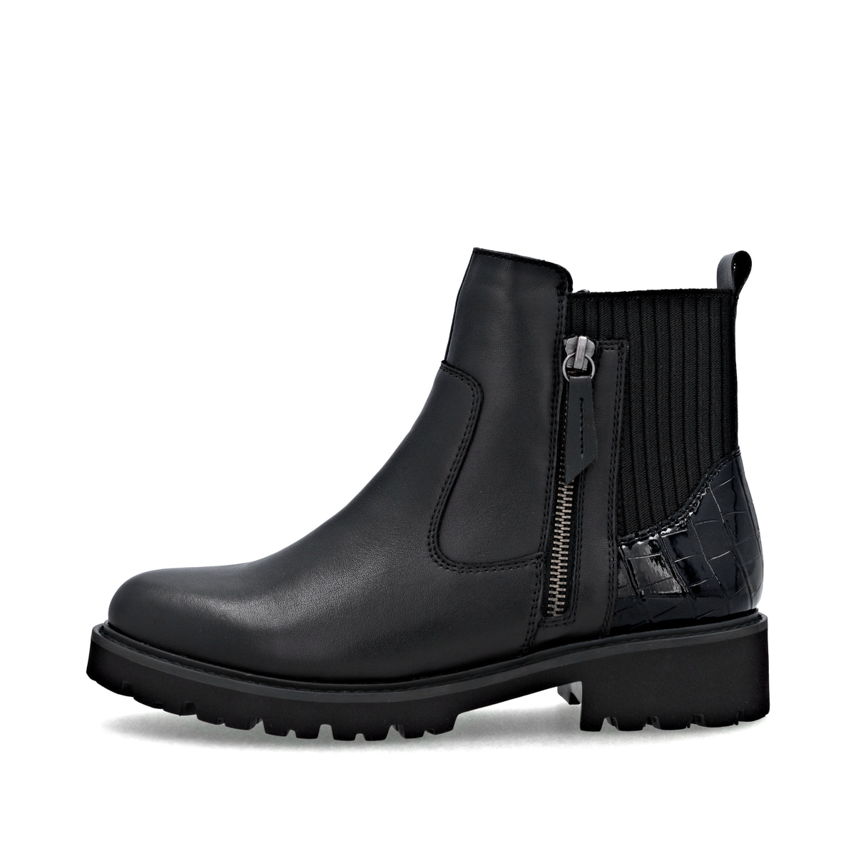 Schwarze remonte Damen Stiefeletten D8655-00 mit einem Reißverschluss. Schuh Außenseite.