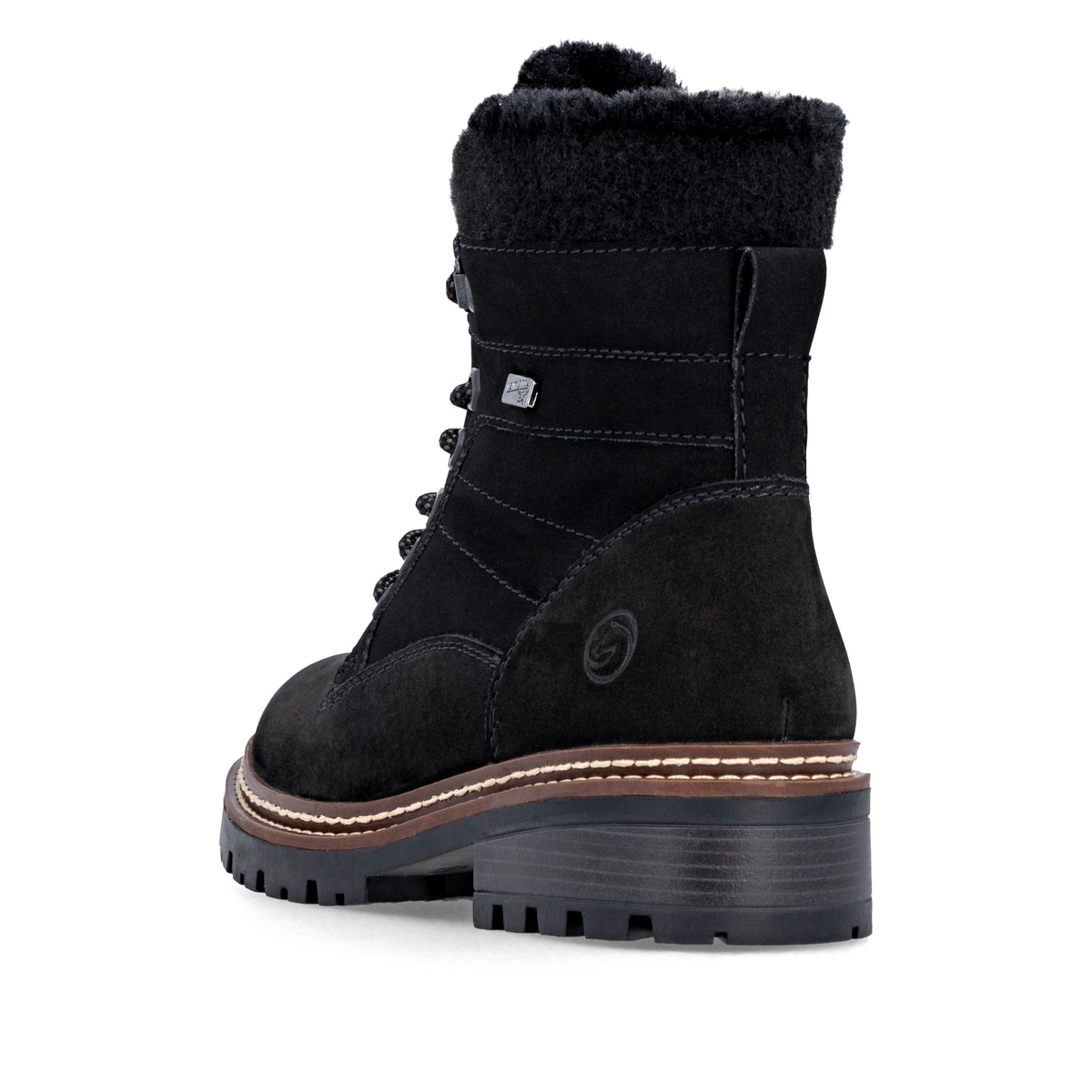 Schwarze remonte Damen Schnürstiefel D0B81-00 mit wasserabweisender TEX-Membran. Schuh von hinten.