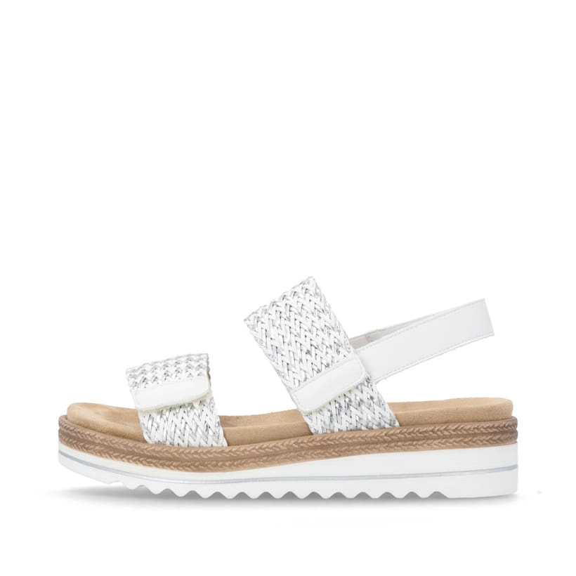 Silberne remonte Keilsandaletten D0Q63-91 mit einem Klettverschluss. Schuh Außenseite.