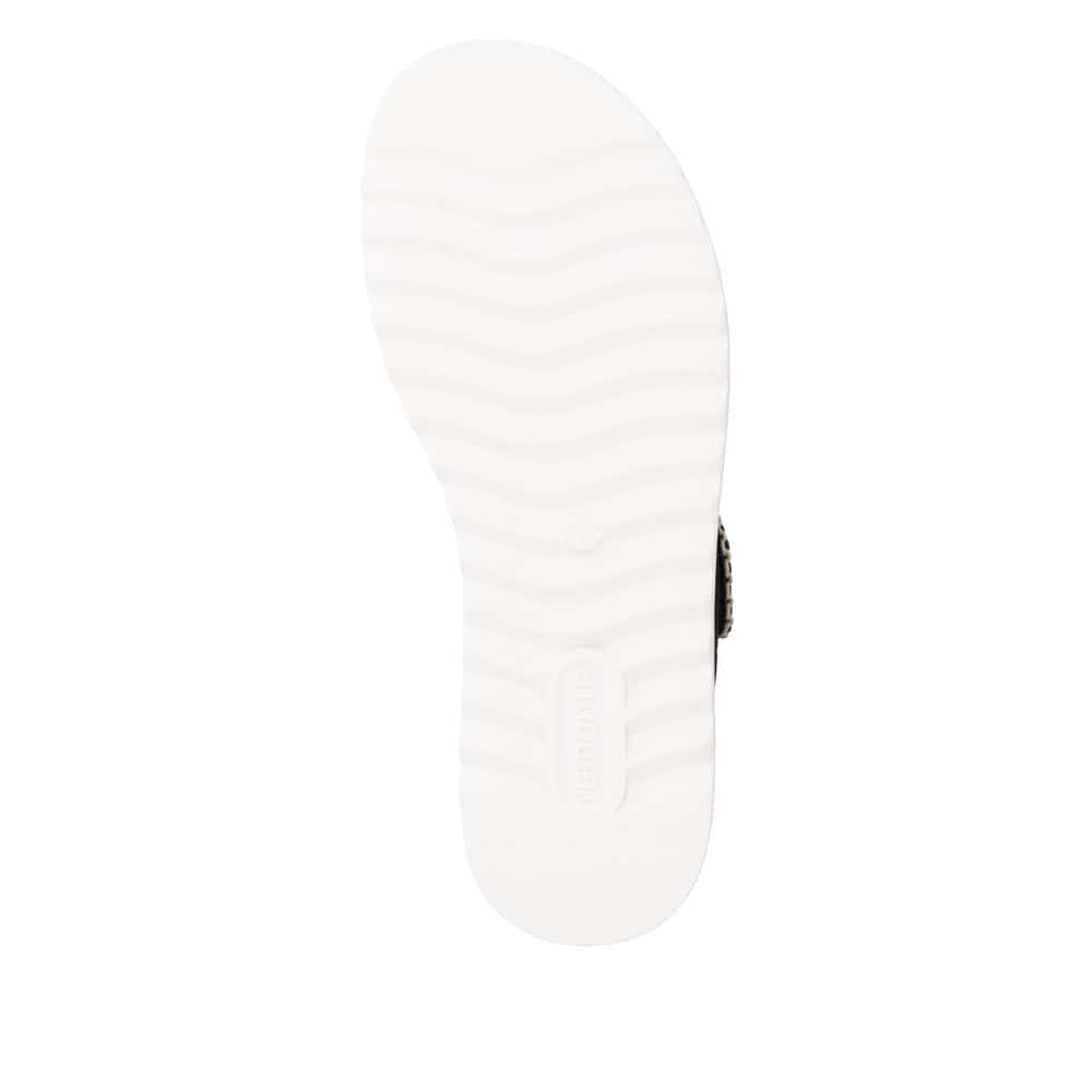 Schwarze remonte Riemchensandalen D3P50-02 mit handgestickten Nähten. Schuh Laufsohle.