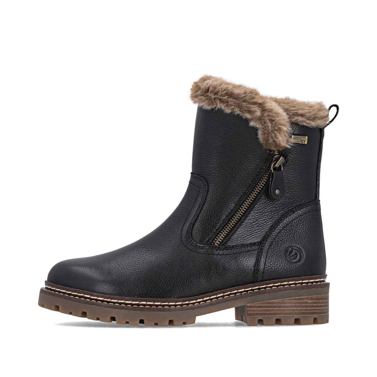 Schwarze remonte Damen Kurzstiefel D0B83-03 mit wasserabweisender TEX-Membran. Schuh Außenseite.