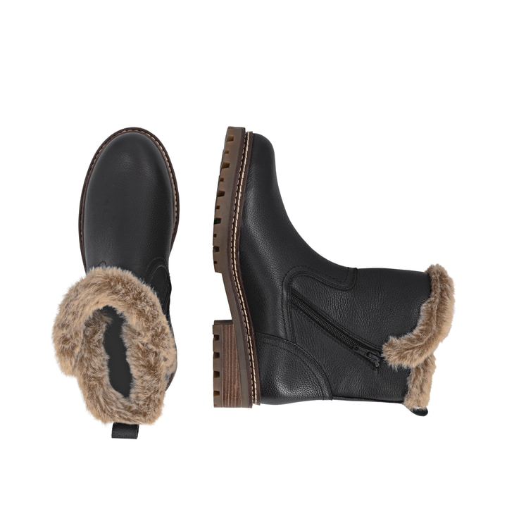 Schwarze remonte Damen Kurzstiefel D0B83-03 mit wasserabweisender TEX-Membran. Schuh von oben, liegend.