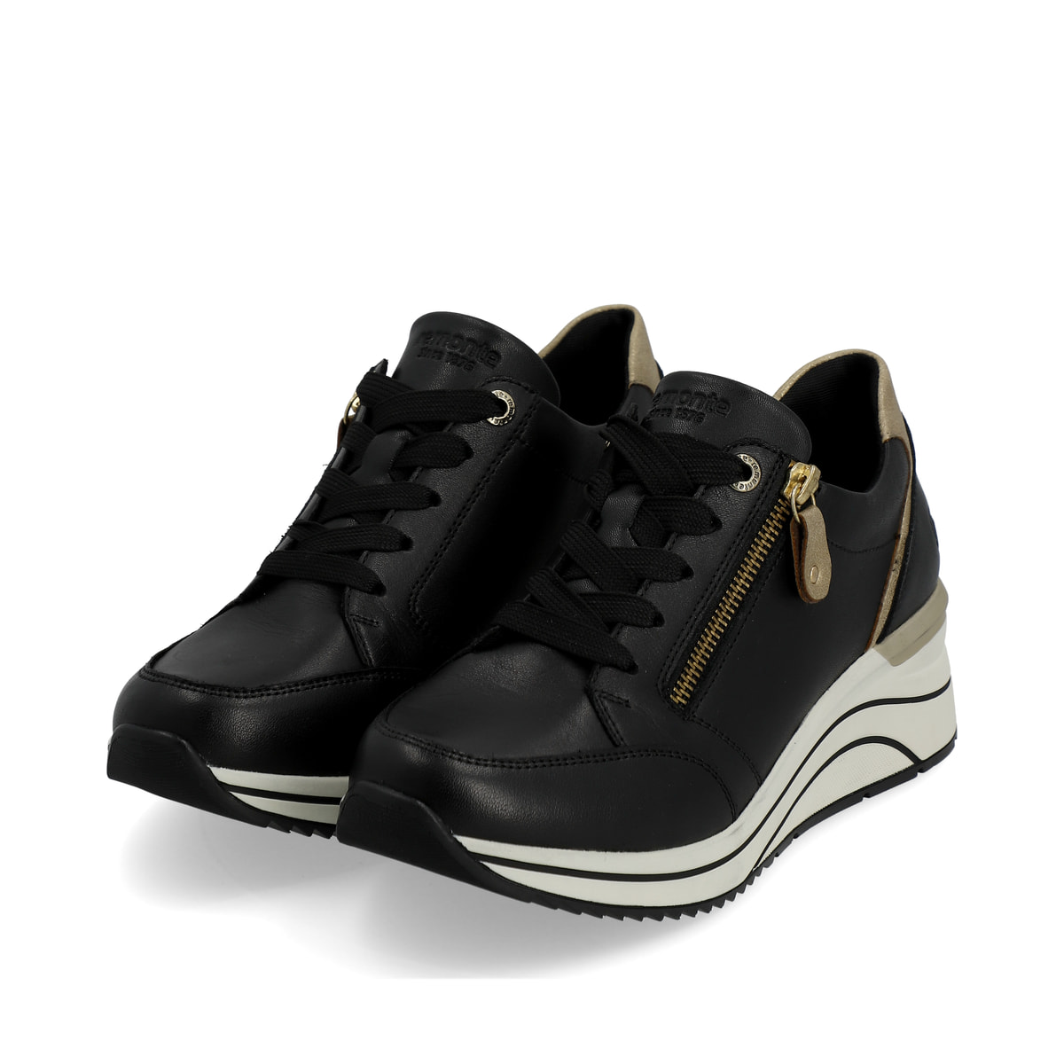 Glanzschwarze remonte Damen Sneaker D0T03-01 mit einer leichten Sohle mit Keilabsatz. Schuh seitlich schräg