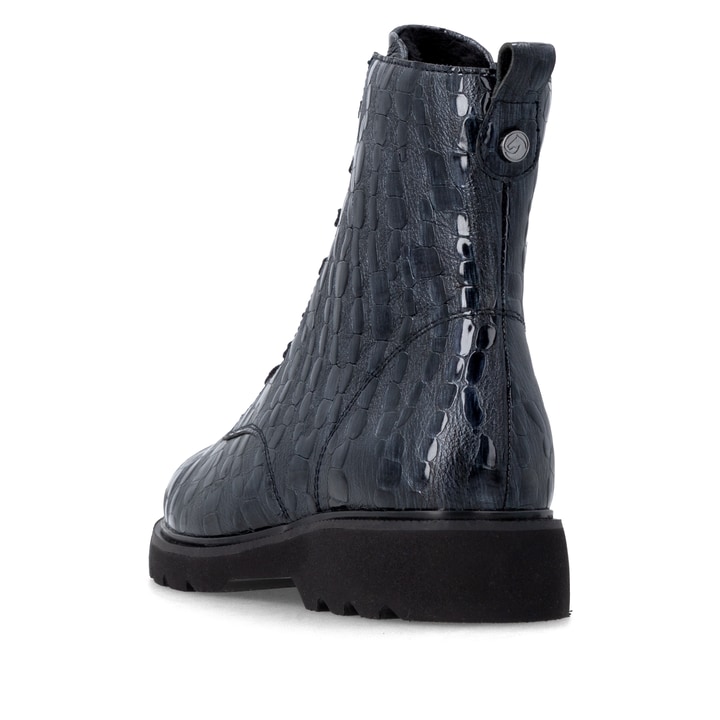 Dunkelblaue remonte Damen Schnürstiefel D3S72-14 mit einem Reißverschluss. Schuh von hinten.