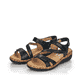 Schwarze remonte Riemchensandalen R6850-01 mit einem Klettverschluss. Schuhpaar seitlich schräg.