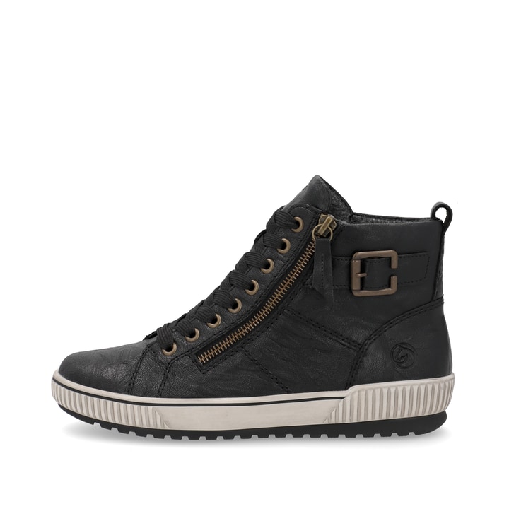 
Nachtschwarze remonte Damen Schnürschuhe D0777-01 mit einer dämpfenden Profilsohle. Schuh Außenseite