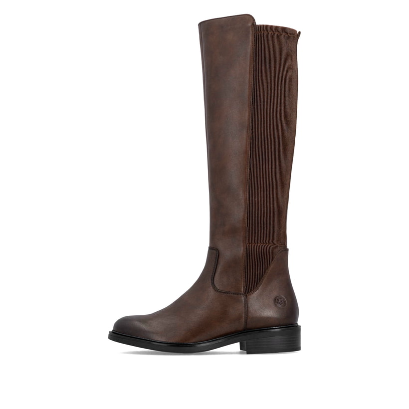 Braune remonte Hochschaftstiefel D2W74-25 mit einem Reißverschluss. Schuh Außenseite.