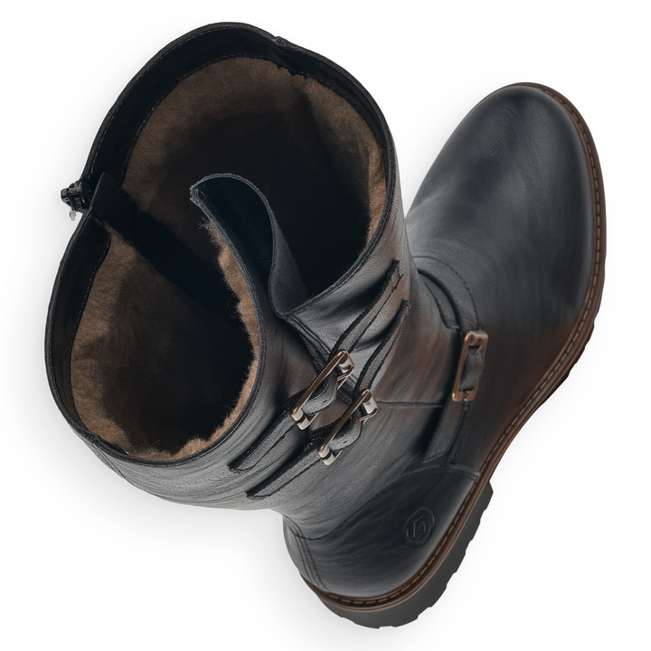 Schwarze remonte Hochschaftstiefel R6590-01 mit einem Reißverschluss. Schuh von oben, liegend.
