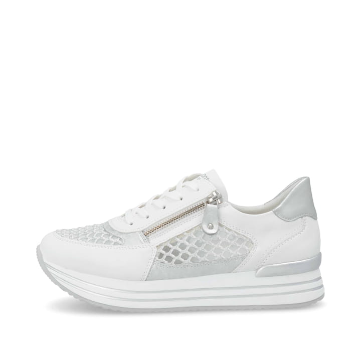 Weiße vegane remonte Damen Sneaker Low D1329-80 mit einem Reißverschluss. Schuh Außenseite.