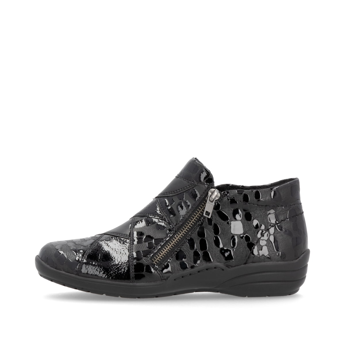 Schwarze remonte Damen Kurzstiefel R7674-04 mit einem Reißverschluss. Schuh Außenseite.