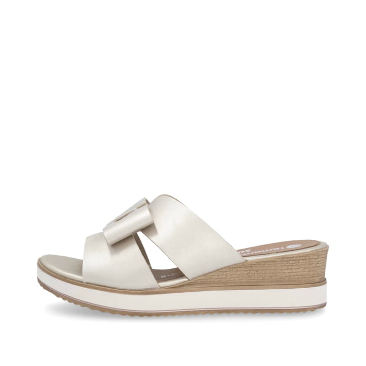 Goldene remonte Damen Pantoletten D6456-92 mit Gummizug sowie weicher Innensohle. Schuh Außenseite.