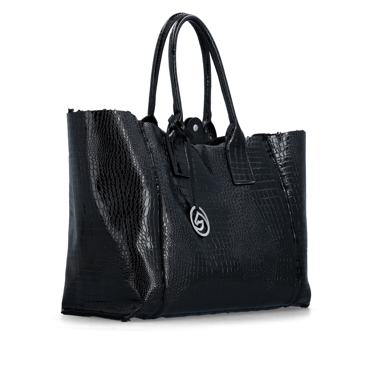 remonte Shopper Q0748-00 in Schwarz mit Wendefunktion, silbernem Logo-Anhänger und geräumigem Hauptfach. Linksseitig.