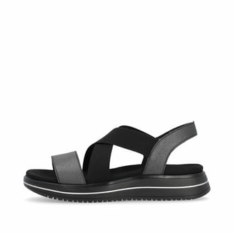 Schwarze remonte Riemchensandalen D1J50-02 mit einem Gummizug. Schuh Außenseite.