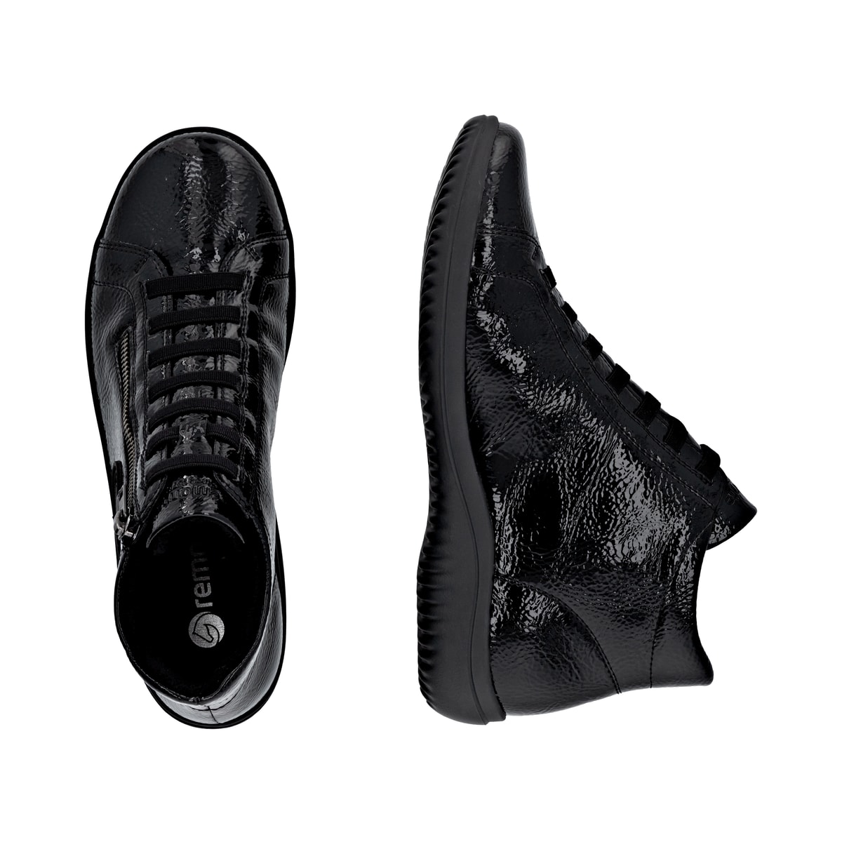 Vegane, schwarze remonte Damen Schnürschuhe D1E70-02 mit einem Reißverschluss. Schuh von oben, liegend.