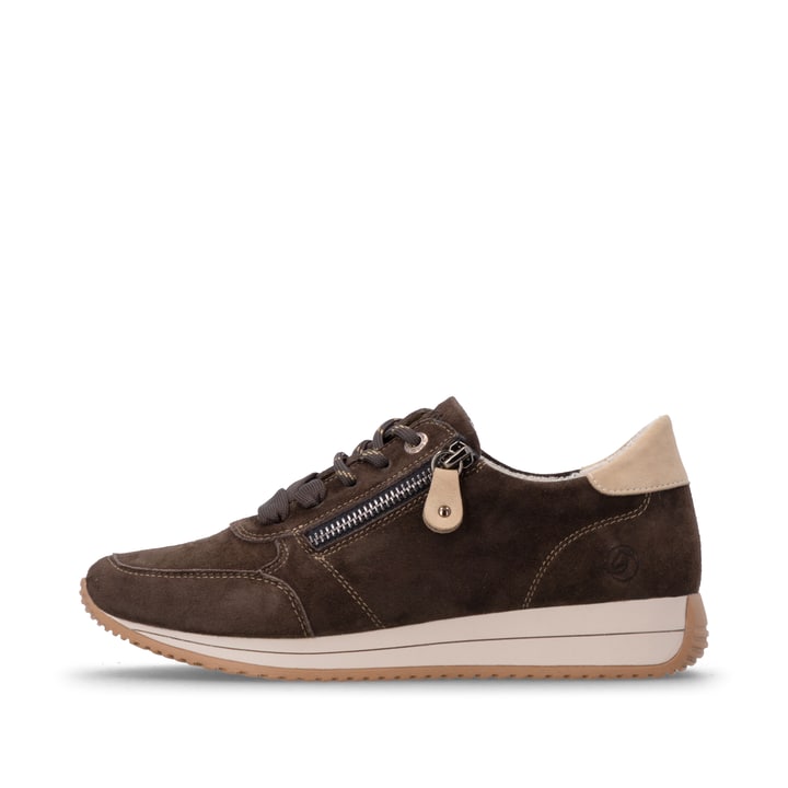 Dunkelbraun-beige remonte Damen Sneaker D0H19-25 mit einem Reißverschluss. Schuh Außenseite.