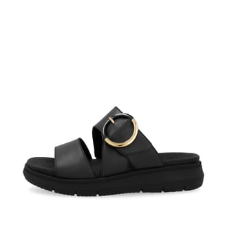 Schwarze remonte Damen Pantoletten D2K51-00 mit einem Klettverschluss. Schuh Außenseite.