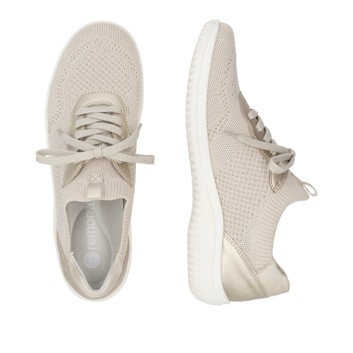 Beige remonte Damen Slipper D1E05-60 mit einem Gummizug sowie der Komfortweite G. Schuh von oben, liegend.