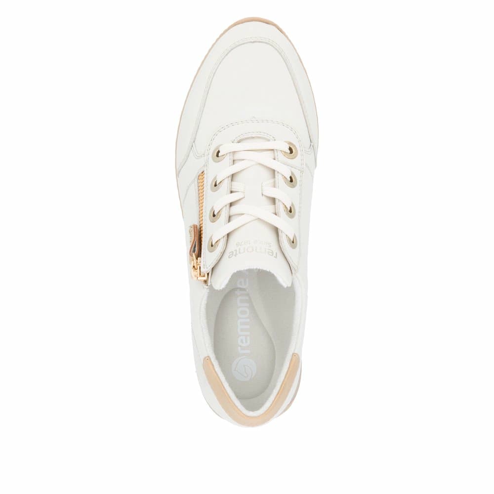 Weiße remonte Damen Sneaker Low D0H11-81 mit einem Reißverschluss. Schuh von oben.