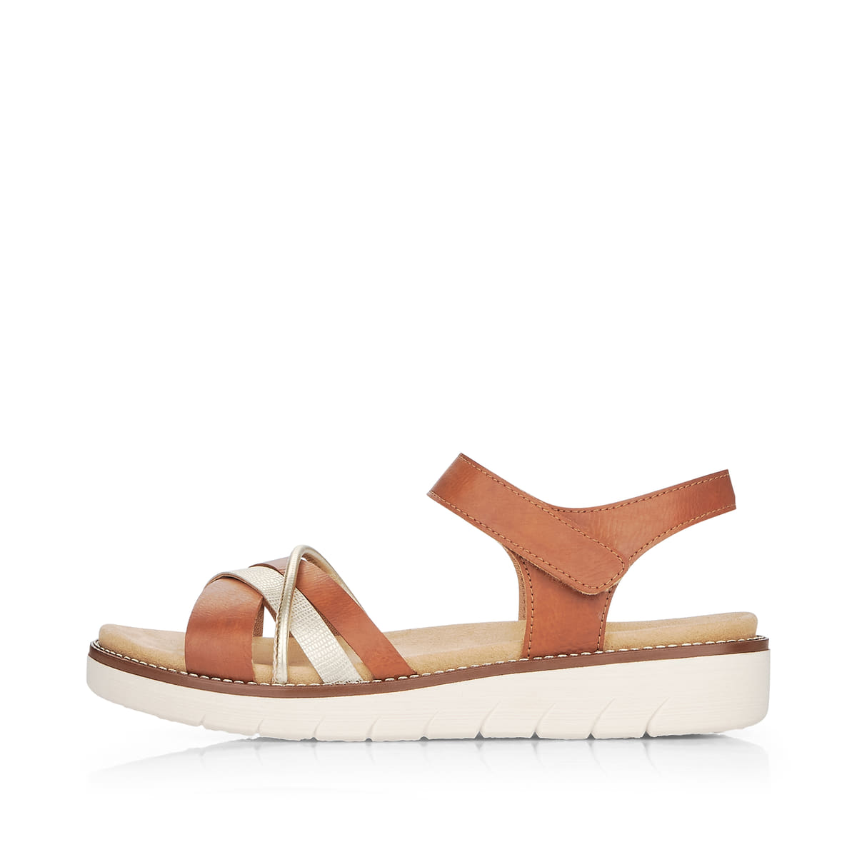 Karamellbraune remonte Damen Riemchensandalen D2058-24 mit einer Profilsohle. Schuh Außenseite