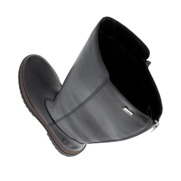 Schwarze remonte Hochschaftstiefel D4B71-00 mit wasserabweisender TEX-Membran. Schuh von oben, liegend.