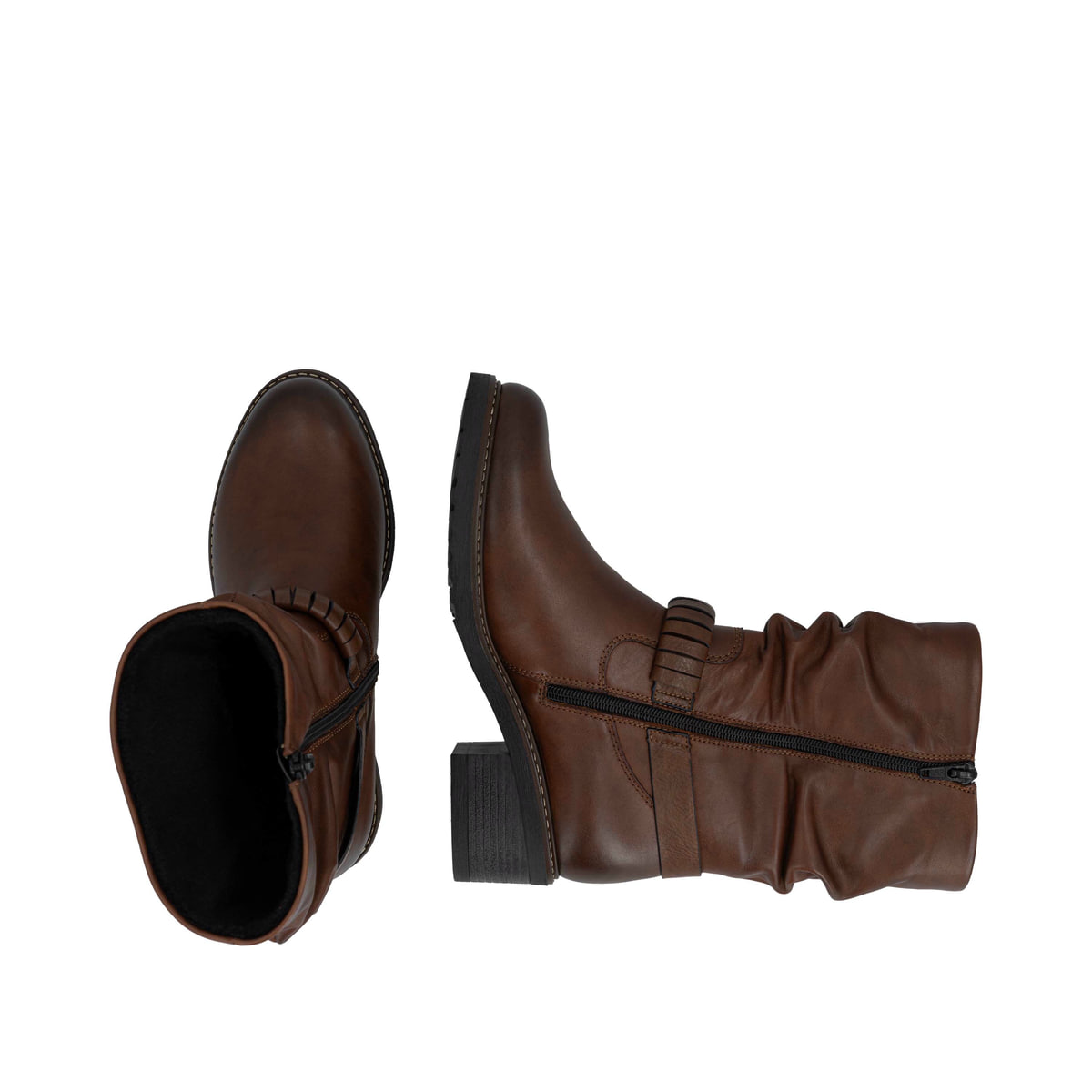 Braune remonte Hochschaftstiefel D1A81-23 mit einem Reißverschluss. Schuh von oben, liegend.