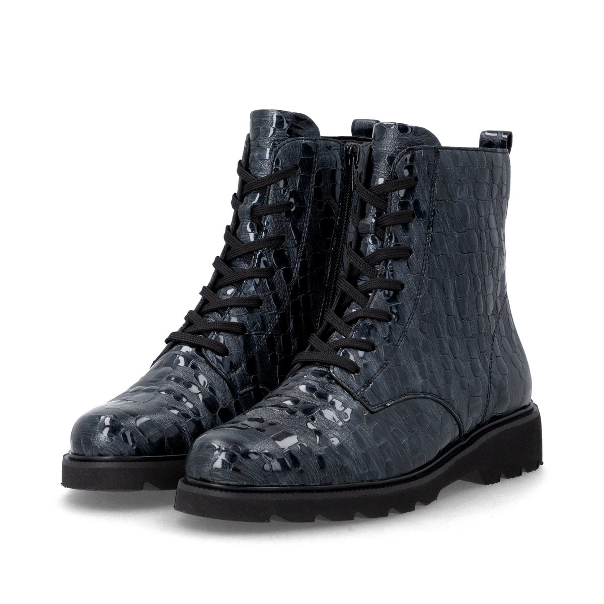 Dunkelblaue remonte Damen Schnürstiefel D3S72-14 mit einem Reißverschluss. Schuhpaar seitlich schräg.