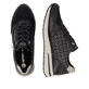 Vegane, schwarze remonte Damen Sneaker D1G08-07 mit goldenen Details. Schuh von oben, liegend.