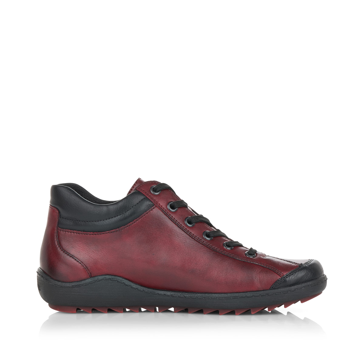 Weinrot-schwarze remonte Damen Schnürstiefel R1477-35 mit einem Reißverschluss. Schuh Innenseite.