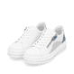 Weiße remonte Damen Sneaker Low D1C01-84 mit Reißverschluss sowie Komfortweite G. Schuhpaar seitlich schräg.