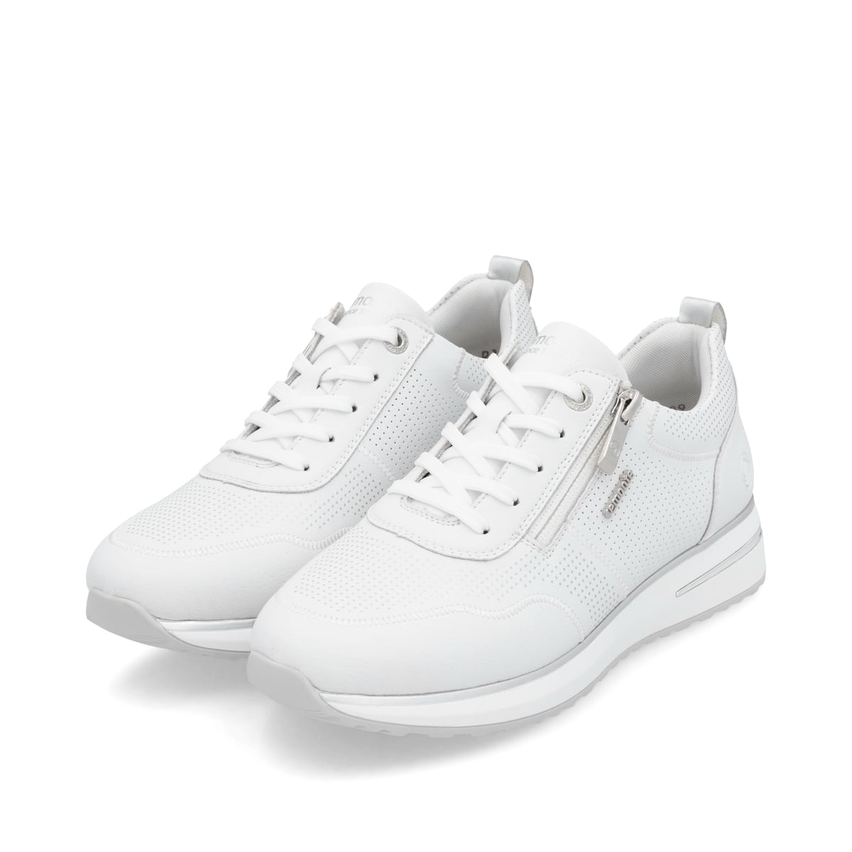 Weiße remonte Damen Sneaker Low D1G09-80 mit einem Reißverschluss. Schuhpaar seitlich schräg.