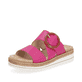 Magentafarbene remonte Damen Pantoletten D0Q51-31 mit einem Klettverschluss. Schuh seitlich schräg.